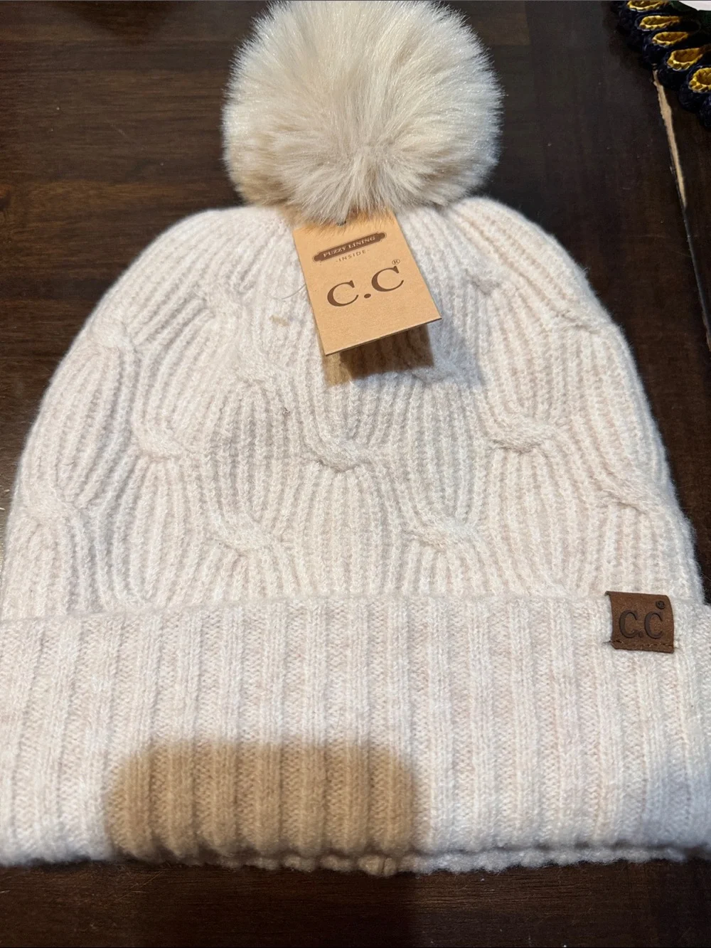 C.C Cream Cable Knit Beanie with Faux Fur Pom